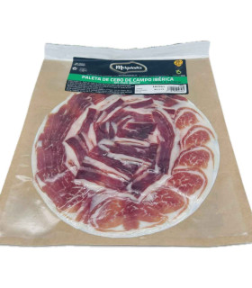 Päckchen mit paleta von cebo Campo 50% Ibérica mit einem Messer in Scheiben geschnitten - Zamora