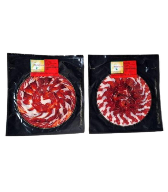 Bustine di Prosciutto bellota 50% di razza ibérica sottovuoto. Dehesa Grande - Jamón Ibérico coltello a fette